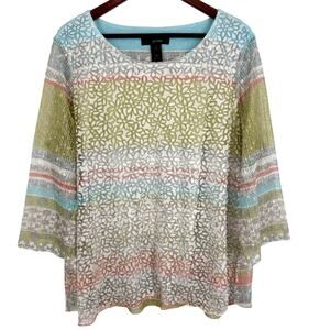 Ali Miles Plus Size 1X Green Blue 2-Layer Wearable Art Blouse Shirt Top Artsy